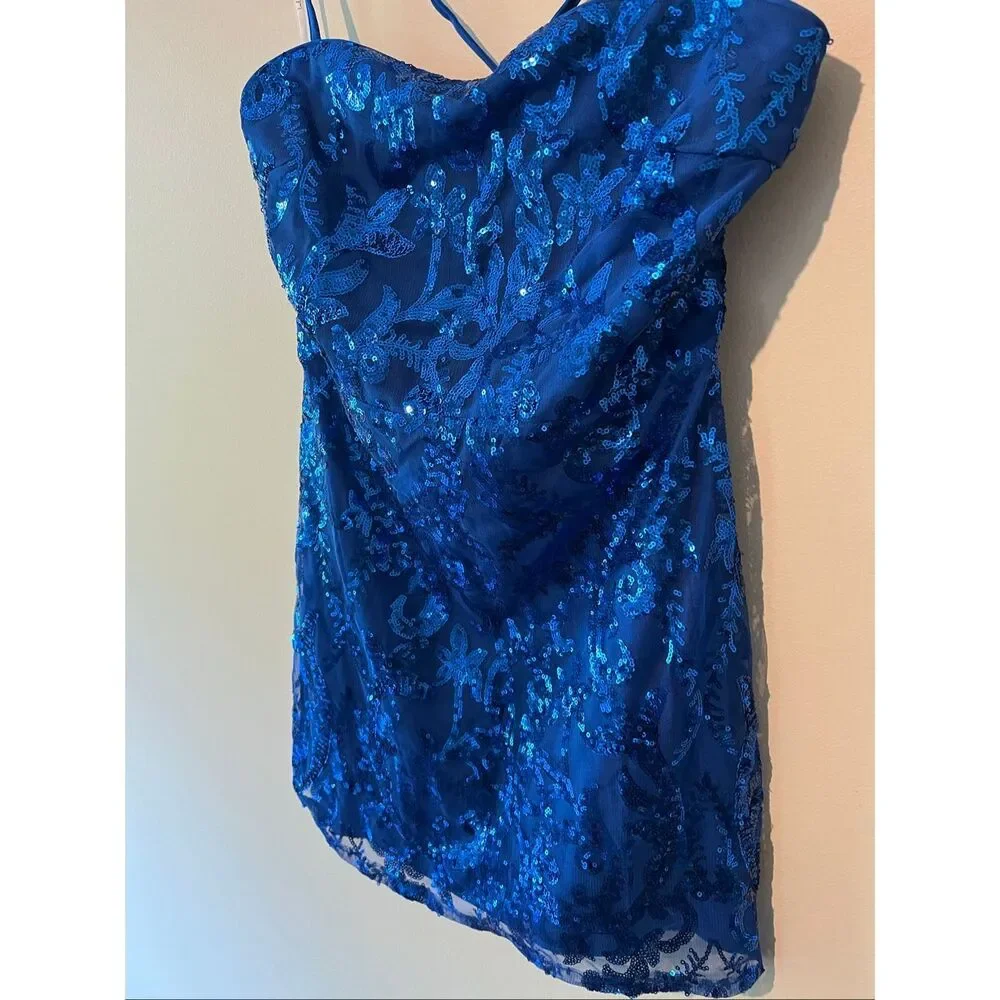 LULUS NWT Royal Blue Sequin Lace Up Back Mini Dress Size M Sparkly Bodycon Homec